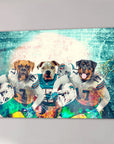 Personalized 'Miami Doggos' 3 pet canvas featuring dogs in football jerseys on a vibrant stadium background.