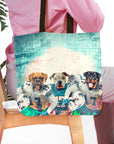 Personalized 3 pet tote bag with dogs in football uniforms, "Miami Doggos" style.