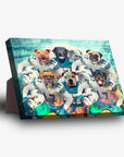 Personalized 'Miami Doggos' 6-pet standing canvas featuring dogs in football uniforms with a sturdy back stand.