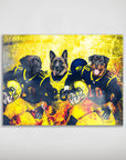 Personalized 'Michigan Doggos' poster featuring three pets as football players in blue and yellow uniforms.