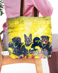 Personalized 3-pet tote bag with dogs in Michigan football uniforms on a yellow background.