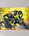 Custom 5-pet canvas featuring dogs in blue and yellow football uniforms on a vibrant yellow field.