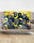 Personalized 6-pet blanket with dogs in football uniforms against a yellow grunge background.