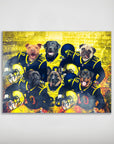 Personalized 'Michigan Doggos' poster featuring six pets as football players in blue and yellow uniforms.