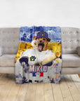 Personalized pet blanket featuring a dog in a baseball uniform with "MIKLO" and a city skyline.
