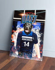Personalized 'Minnedogsta Timberdogs' pet canvas featuring a black dog in a blue basketball jersey.