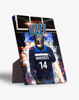 Personalized Minnedogsta Timberdogs standing canvas featuring a black lab in a blue basketball jersey.