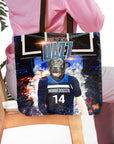 Personalized Minnedogsta Timberdogs tote bag with a black dog's portrait in a basketball jersey.