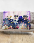 Personalized 3-pet blanket with dogs in football uniforms and helmets, on a gray couch.