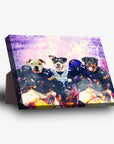Personalized 3-pet standing canvas featuring dogs in purple and gold football jerseys.