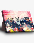 Personalized 3 pet standing canvas featuring dogs in New England Patriots football uniforms with a red stadium background.