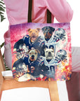 Personalized 4 pet portrait tote bag featuring dogs in New England football jerseys.