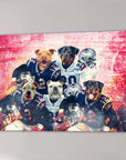 Personalized 5-pet canvas featuring dogs in New England Patriots football uniforms against a stadium backdrop.