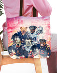 Personalized 5-pet portrait tote bag featuring dogs in New England football jerseys.