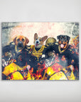 Personalized 3-pet poster featuring a Labrador, Corgi, and Rottweiler in New Orleans Saints football uniforms amidst fiery effects.