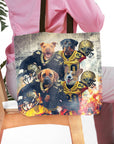 Personalized 4-pet tote bag featuring dogs in New Orleans Saints football uniforms with helmets and fire.