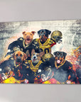 Custom 5-pet canvas featuring dogs in New Orleans Saints football uniforms against a stadium backdrop.