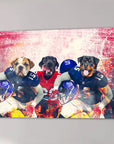 Personalized 3 pet canvas featuring dogs in New York Giants football uniforms against a stadium backdrop.