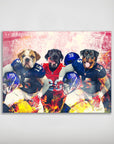 Personalized 3 pet poster featuring a bulldog, lab, and rottweiler in New York Giants football uniforms.