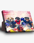 Personalized 'New York Doggos' standing canvas featuring three pets as football players in Giants uniforms.