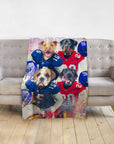 Personalized custom blanket with four dogs in New York Giants football uniforms.