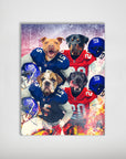 Personalized 'New York Doggos' poster featuring four pets in blue and red football jerseys.