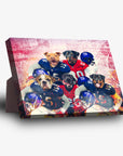 Personalized 'New York Doggos' standing canvas featuring five pets in football jerseys and helmets.
