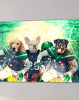 Personalized 3-pet canvas featuring dogs in New York Jets football uniforms, green stadium background.