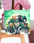 Personalized 5-pet portrait tote bag featuring dogs in New York Jet-themed football uniforms.