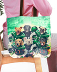 Personalized 6-pet tote bag featuring dogs in New York Jet-Doggos football uniforms on a green field.