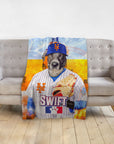 Personalized pet blanket featuring a dog in a New York Mets baseball uniform portrait.