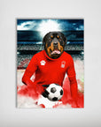 Personalized Rottweiler dog in a red Nottingham Doggos football kit holding a soccer ball, on a stadium background.