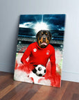 Personalized pet canvas featuring a Rottweiler in a red Nottingham Forest football kit holding a soccer ball.