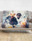 Custom personalized blanket with two dogs in football player portraits.
