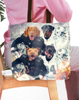 Personalized 4-pet tote bag featuring dogs in football uniforms.