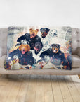 Personalized custom blanket with 5 pet portraits as football players in black and white uniforms.
