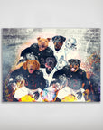Personalized 'Oakland Doggos' poster featuring five pets as football players in black and white jerseys.
