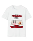 White unisex Pawjama T-shirt with "This is my Pawjama Shirt" text and custom cartoon of a woman and dog in bed.