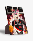 Personalized pet standing canvas featuring a French Bulldog in a black "Pawtland Trail Blazers" basketball jersey.