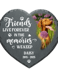 Personalized heart-shaped slate pet memorial stone with a Vizsla dog portrait and "Friends Live Forever" quote.