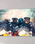 Personalized 3-pet canvas featuring a pug, black pug, and rottweiler in Philadelphia Eagles football jerseys.