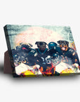 Personalized 3-pet standing canvas featuring a pug, black pug, and Rottweiler in Philadelphia Eagles football uniforms.