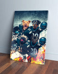 Personalized 4-pet canvas featuring dogs in football jerseys, with a fiery background.