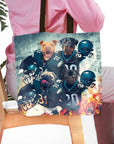 Personalized 4-pet tote bag featuring dogs in Philadelphia Eagles football uniforms.