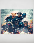 Personalized poster featuring five dogs in Philadelphia Eagles football uniforms on a stadium background.