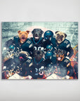 Personalized matte poster featuring six dogs in Philadelphia Eagles football uniforms, with a stadium and fire background.