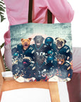 Personalized 6-pet dog portrait tote bag featuring dogs in football uniforms.