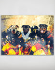 Personalized "Pittsburgh Doggos" poster featuring three pets in football uniforms against a fiery background.