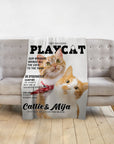Custom personalized blanket with two orange and white cat portraits in a magazine cover style.