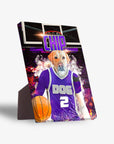 Personalized Sacramento Kings Doggos standing canvas featuring a yellow lab in a purple jersey holding a basketball.